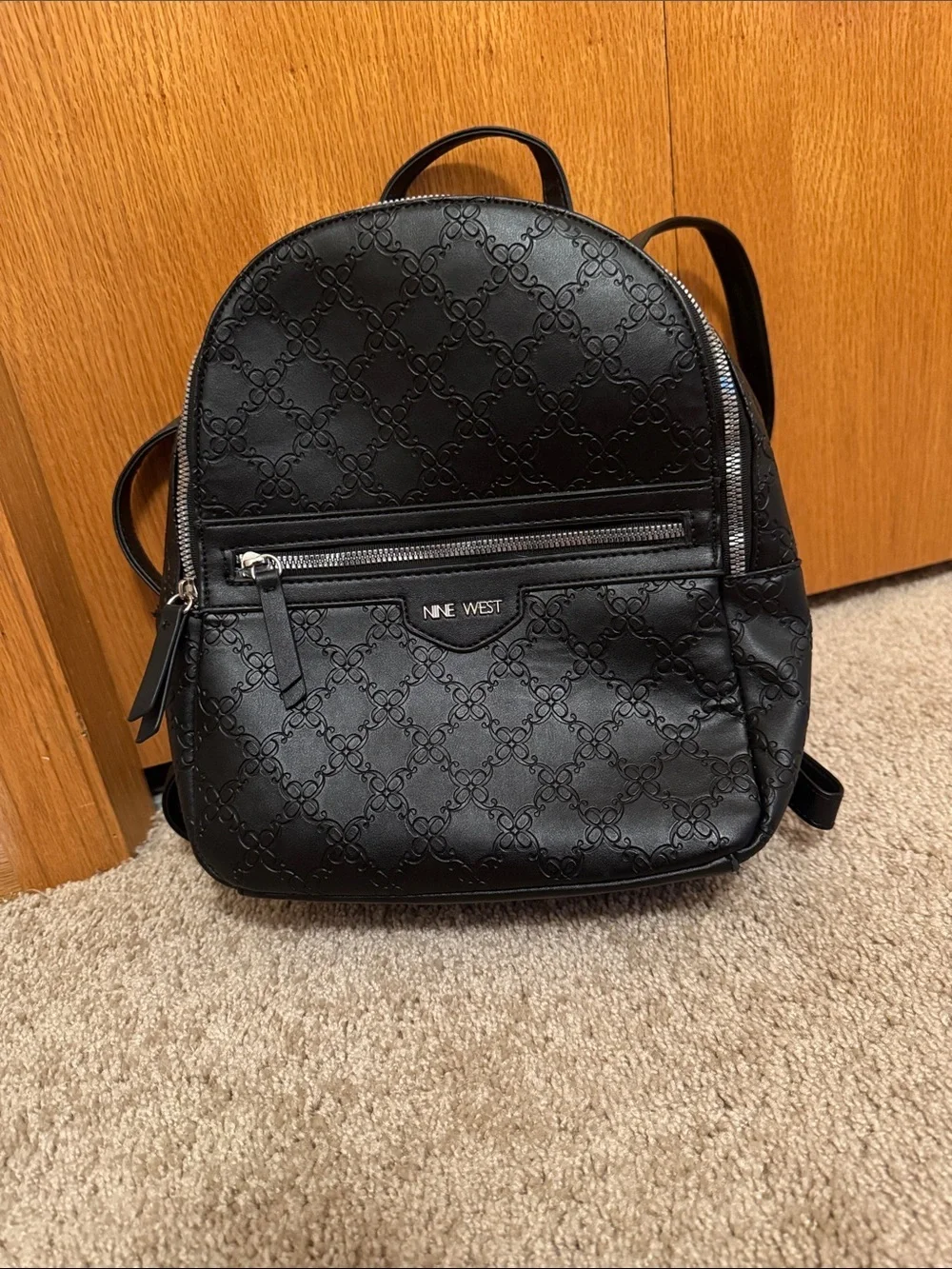 Nine West Black Embossed Mini Backpack with Front Zip Pocket